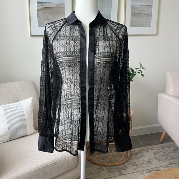 New Jason Wu Black Lace Satin Trim Raglan Sleeve Button Down Overshirt Blouse - Picture 3 of 16